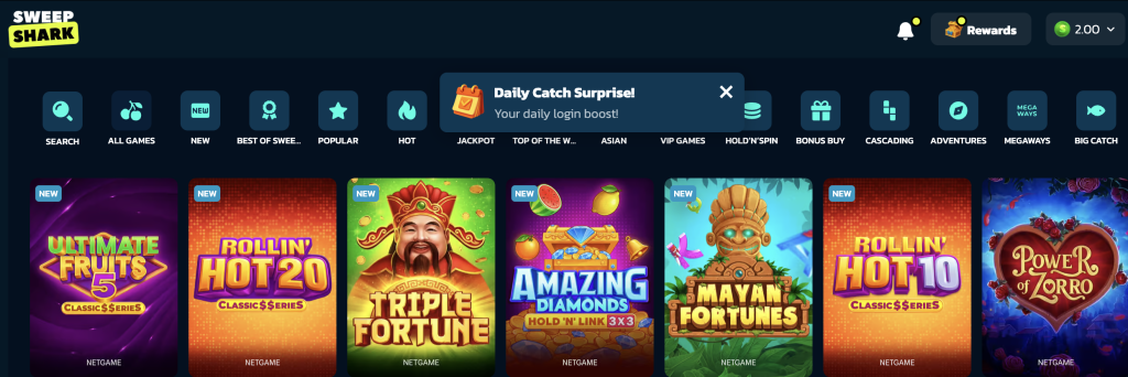 SweepShark online casino lobby showcasing popular slot games including Ultimate Fruits 5, Rollin’ Hot 20, Triple Fortune, Amazing Diamonds, Mayan Fortunes, Rollin’ Hot 10, and Power of Zorro, displayed under the site’s search and rewards interface.