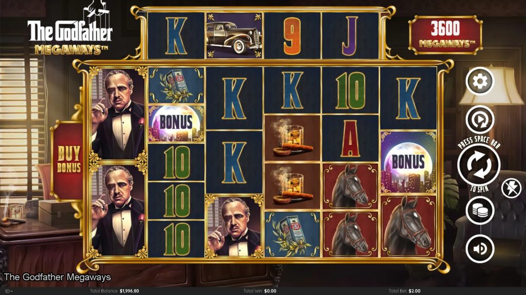 The Godfather Slot showcases a Megaways layout featuring iconic characters and luxury-themed symbols in a dark, cinematic mafia setting. The design highlights the tension and elegance that define the world of The Godfather Slot.