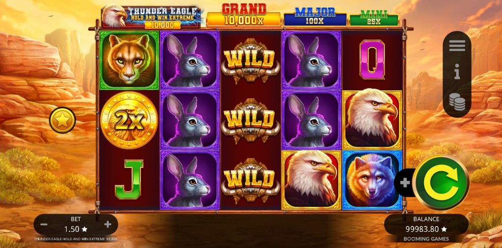 Thunder Eagle Hold and Win Extreme slot with majestic eagles, wild symbols, and golden coins set in a desert canyon backdrop.