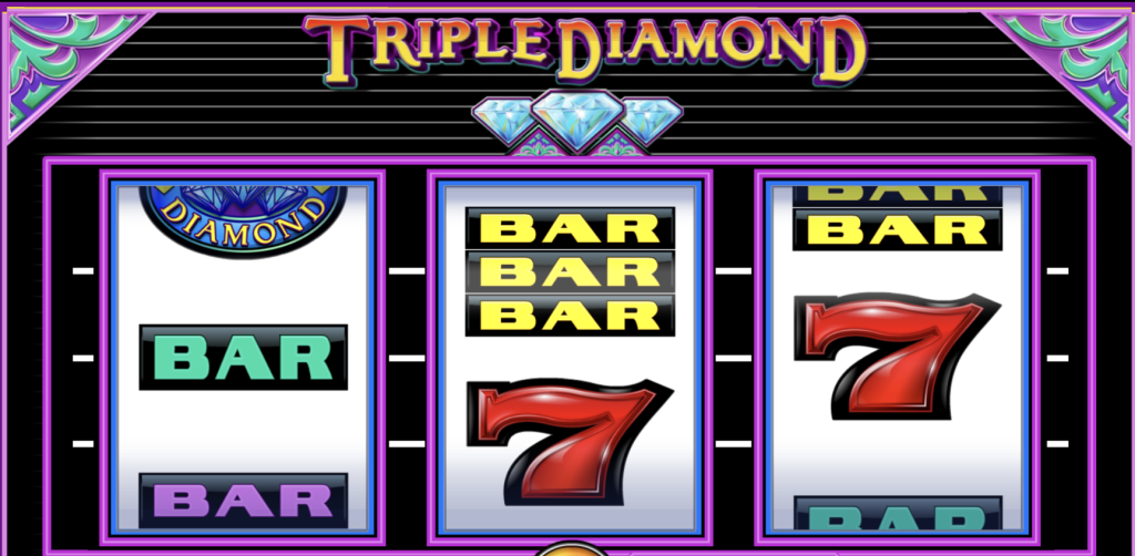 Triple Diamond classic slot machine reels featuring BAR symbols, red sevens, and sparkling diamond icons in a vintage casino design.