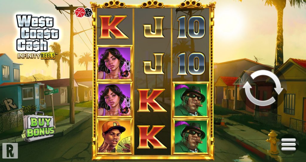 West Coast Cash Infinity Reels slot showing urban street characters and bold symbols inspired by a gritty West Coast lifestyle.