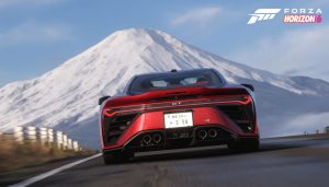 A car racing towards Mt Fuji in Forza Horizon 6