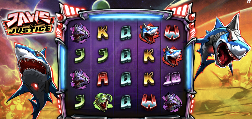 Jaws of Justice online slot game interface featuring futuristic shark symbols, neon sci-fi reels, and high-volatility gameplay from Hacksaw Gaming.