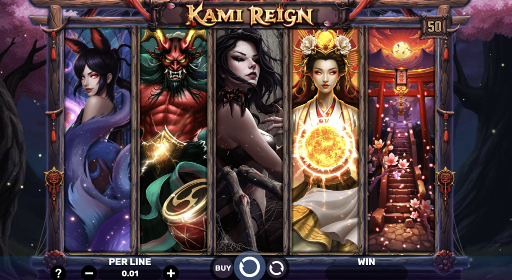 Kami Reign slot game screen featuring Japanese mythology characters, including a fox spirit, oni demon, dark sorceress, sun goddess symbol, and torii gate bonus reel in a mystical fantasy setting.