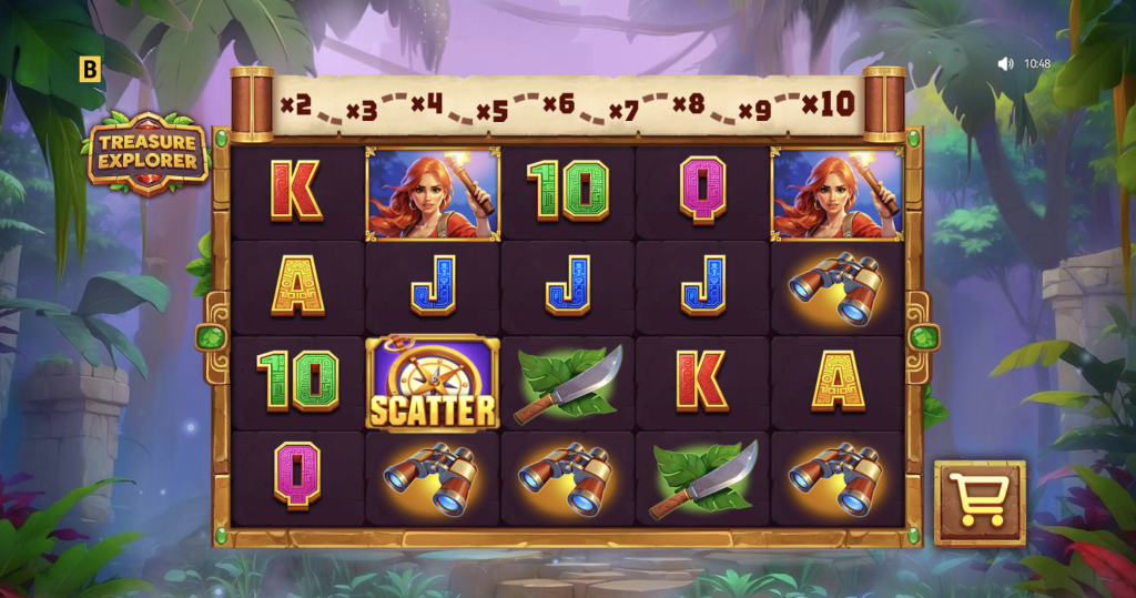 Treasure Explorer slot game screen showing jungle-themed reels, female explorer symbol, scatter compass bonus, binoculars, knives, and a multiplier path from x2 to x10.