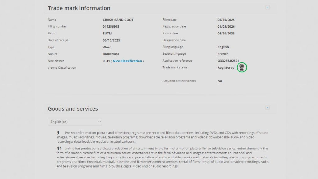 Crash Bandicoot Trademark