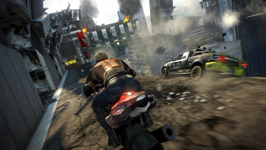 players riding through destroyed map in motorstorm