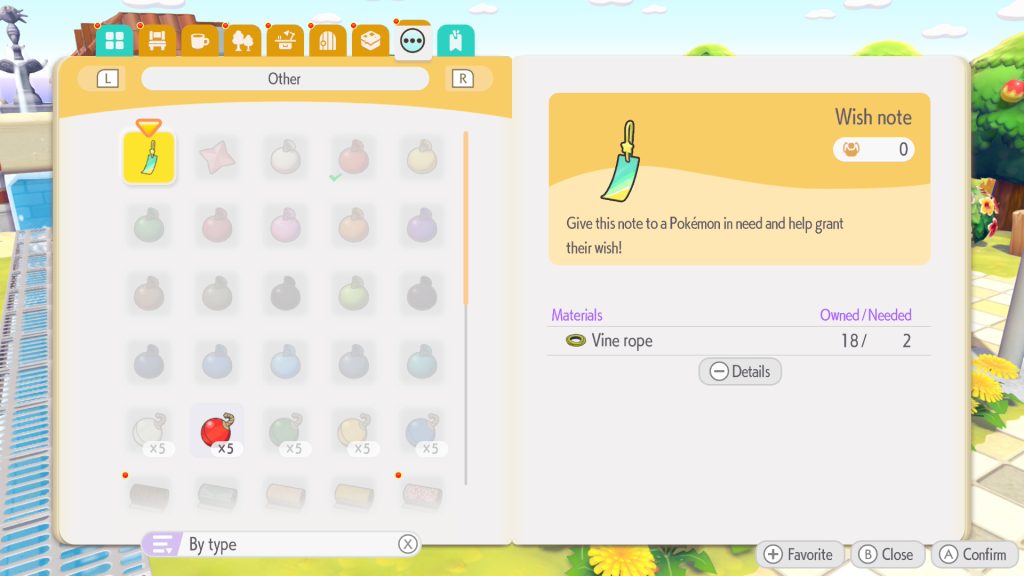 A menu with a recipe highlighted in Pokemon Pokopia