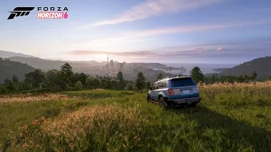 A car with Tokyo on the horizon in Forza Horizon 6