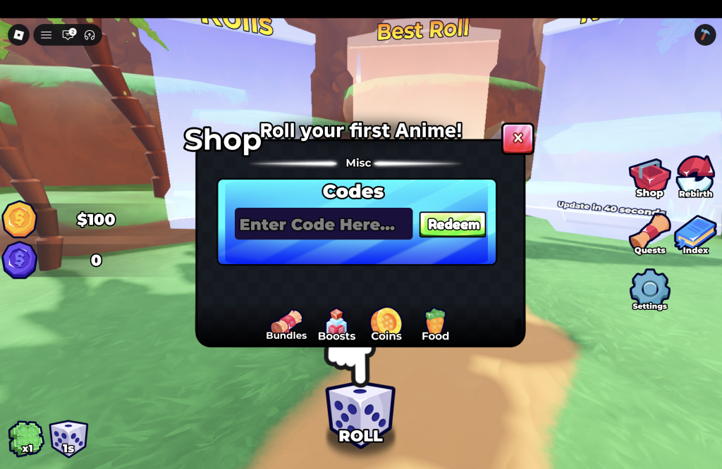 Anime RNG Codes Redemption Menu