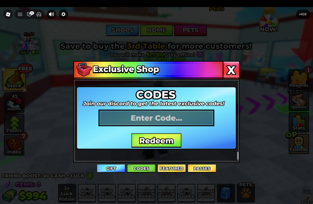 Baddie Restaurant RNG Codes Redemption Menu