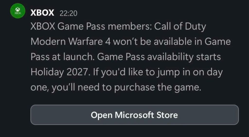 An Xbox Notification about Modern Warfare 4