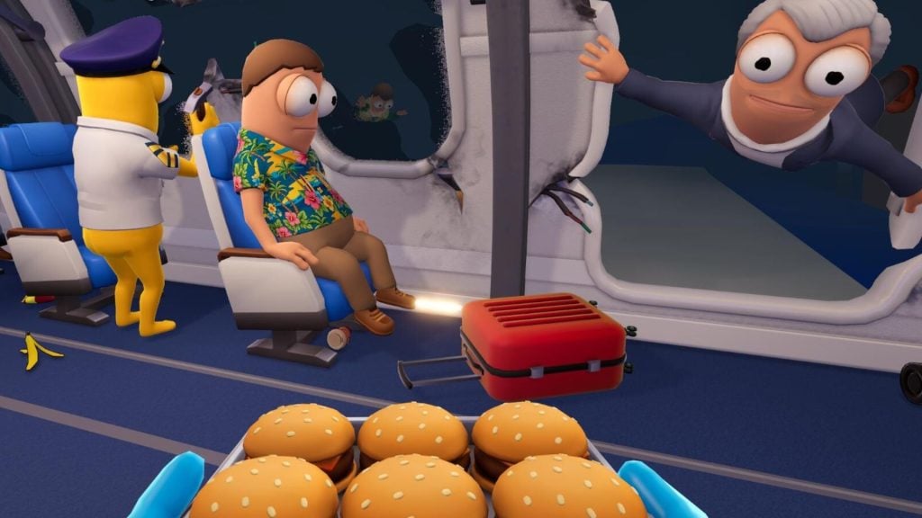 passenger hanging out of plane near food in dear passengers