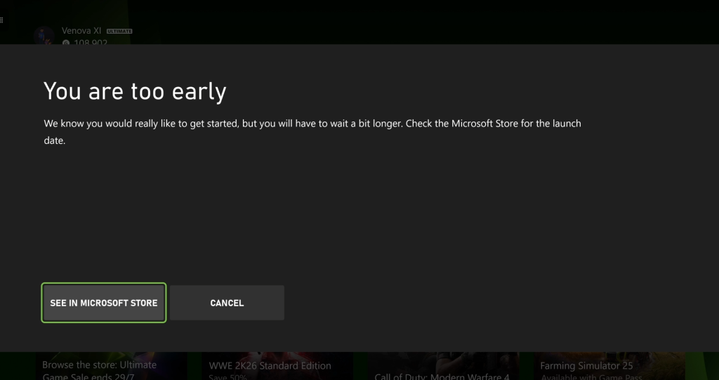 An error message on XBOX