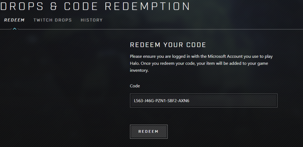 A code redemption screen for Halo