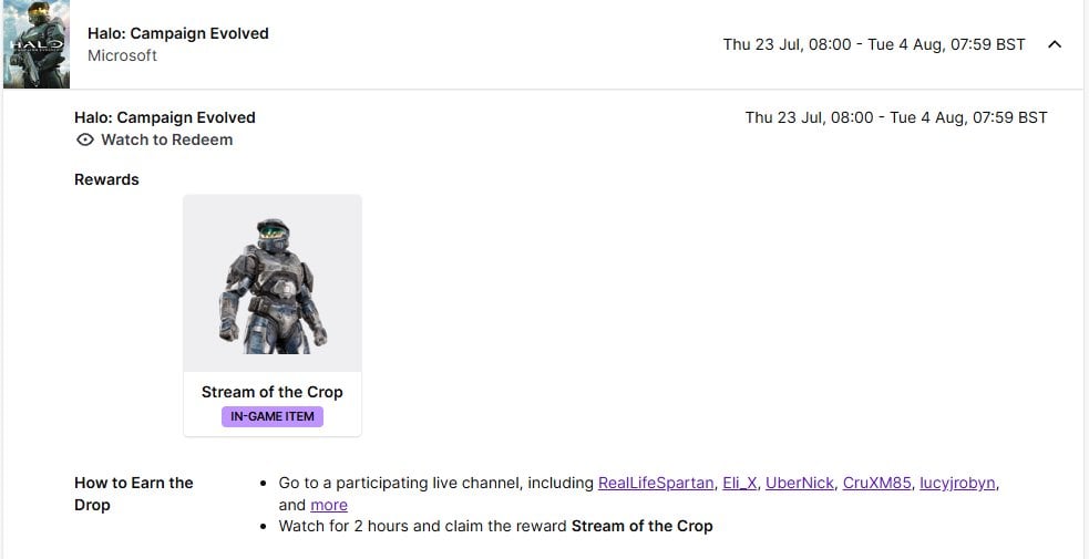 A Twitch Drops screen showing available rewards