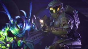 master chief firing weapon at enemy in halo campaign evolved