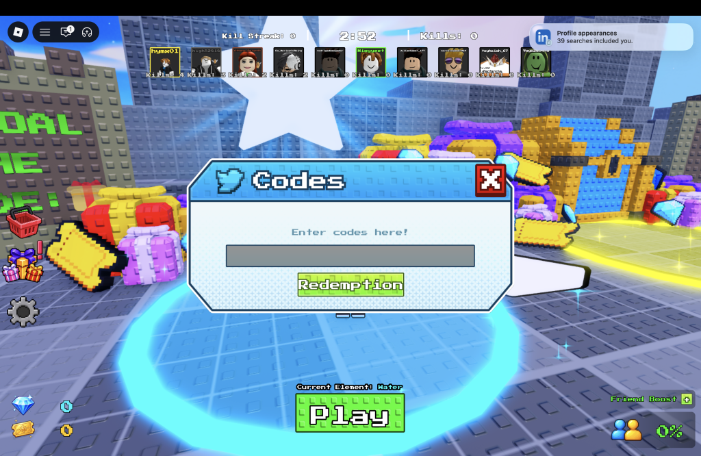 Element Arena Codes Redemption Menu
