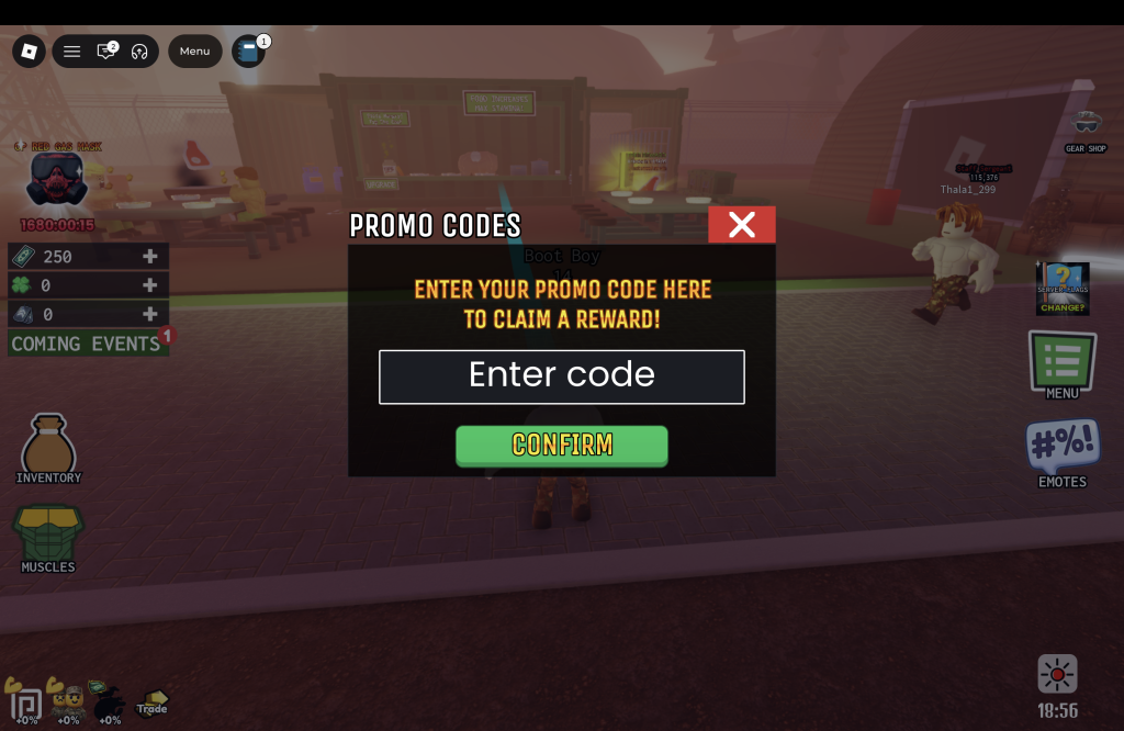 Muscle Military Codes Redemption Menu
