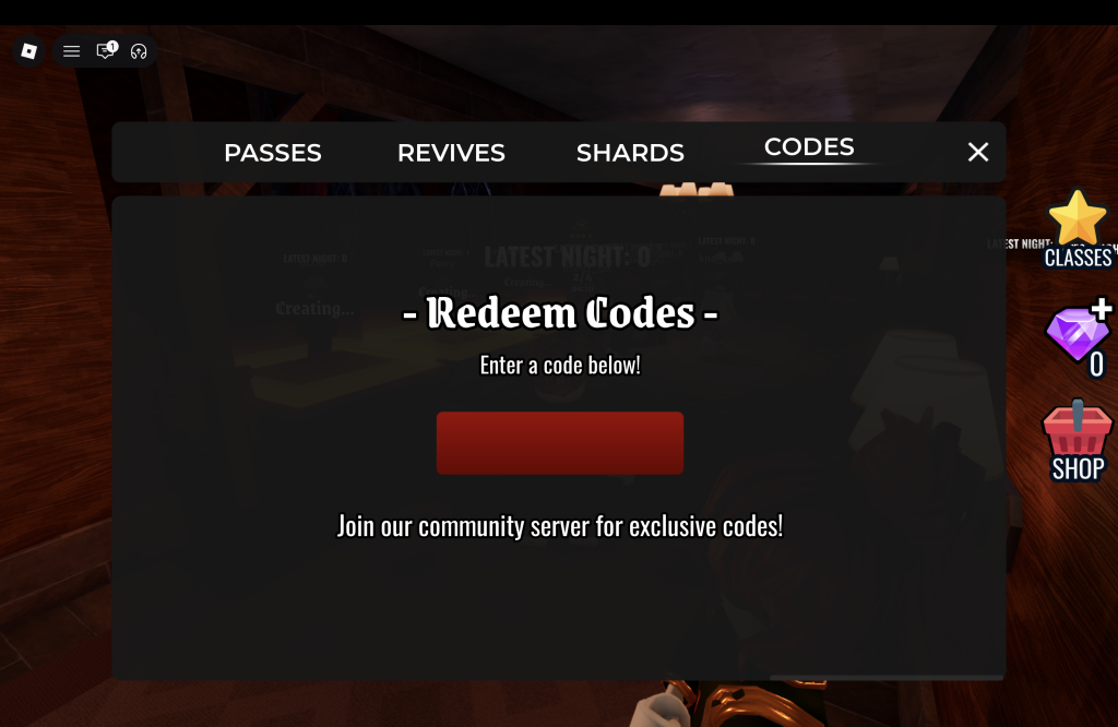 Night At The Infirmary Codes Redemption Menu