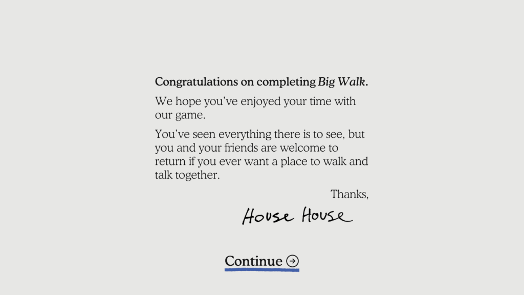A screen on full completion of Big Walk