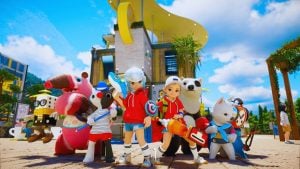 Characters and creatures from the upcoming creature-collector game DokeV posing in a colorful outdoor setting.