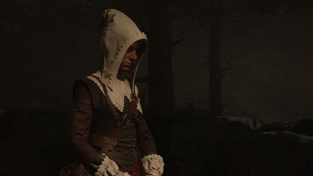 character in wimple covering in 1666 amsterdam