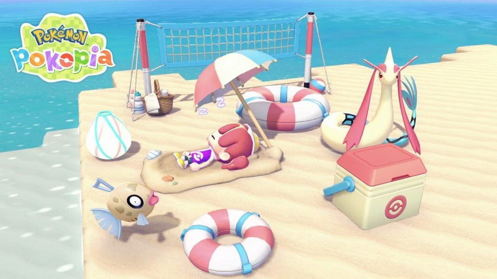 A character, Feebas and Milotic in Pokemon Pokopia