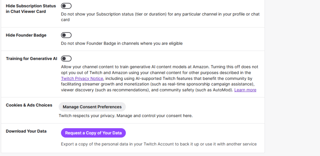 A settings page on Twitch