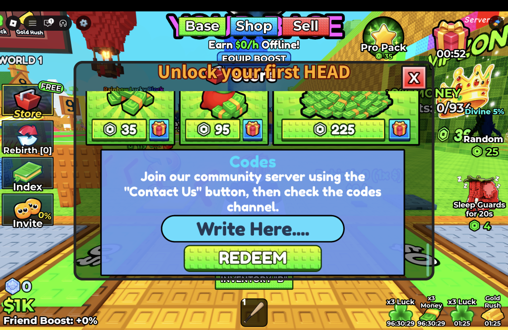 Inside Brainrot Head Codes Menu