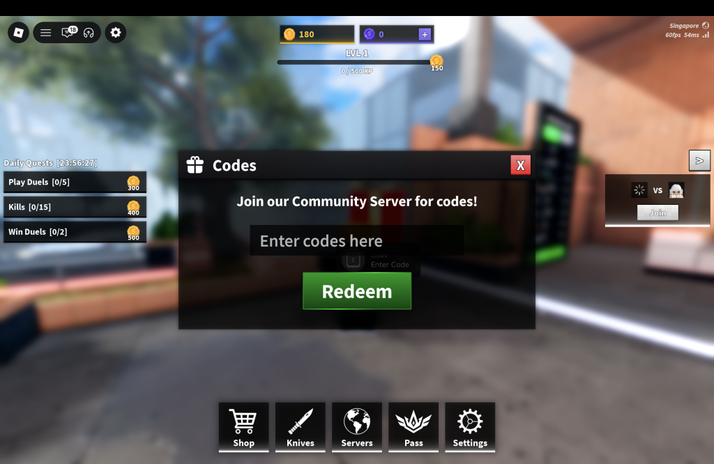 Knife Duels Codes Redemption Menu