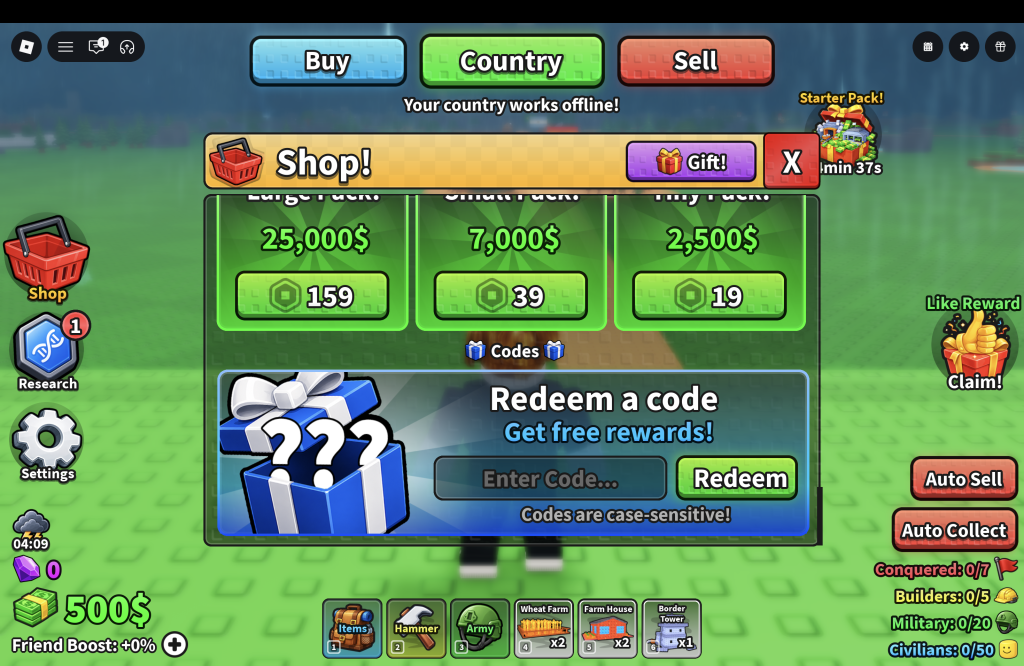 Mini War Codes Redemption Menu