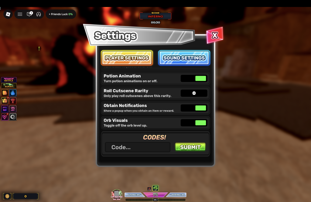 Unscathed Codes Redemption Menu
