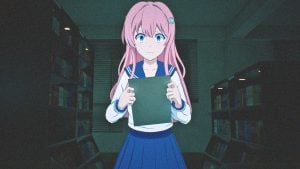 character holding a book in brokenlore miki-chan