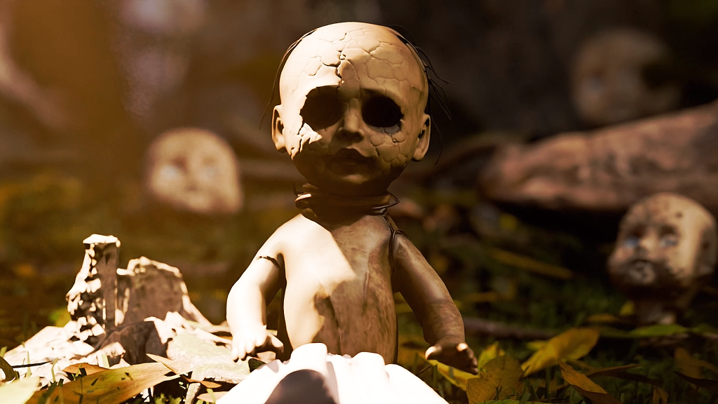 Where Dolls Hang gameplay showing forest environment with hanging dolls and mannequins
