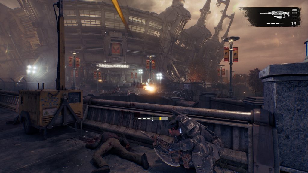 Marcus Fenix in cover in Gears of War: E-Day