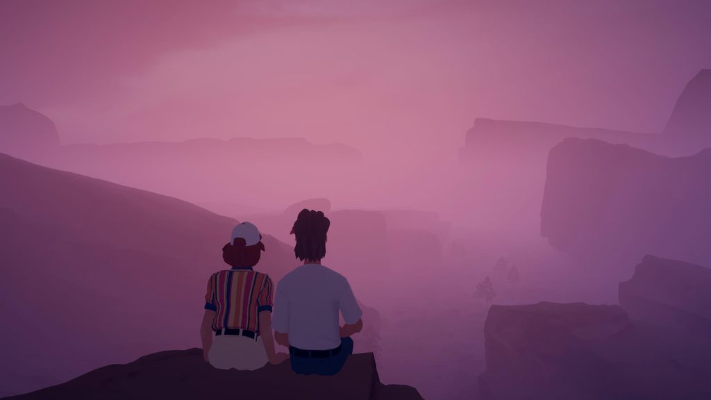 A stylized, low-poly screenshot showing a man and a woman from behind, sitting together on the edge of a canyon overlooking a foggy, pink-hued landscape, as seen in our Forever Ago Review.