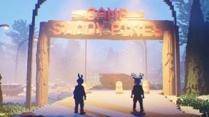 two characters standing near camp in gone feral