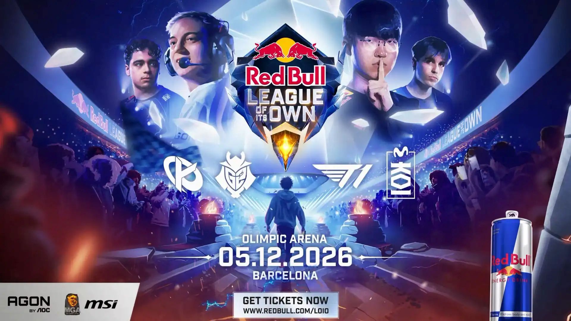 Red Bull League of Its Own 2026 Barcelona event announcement graphic featuring T1 and EU team logos