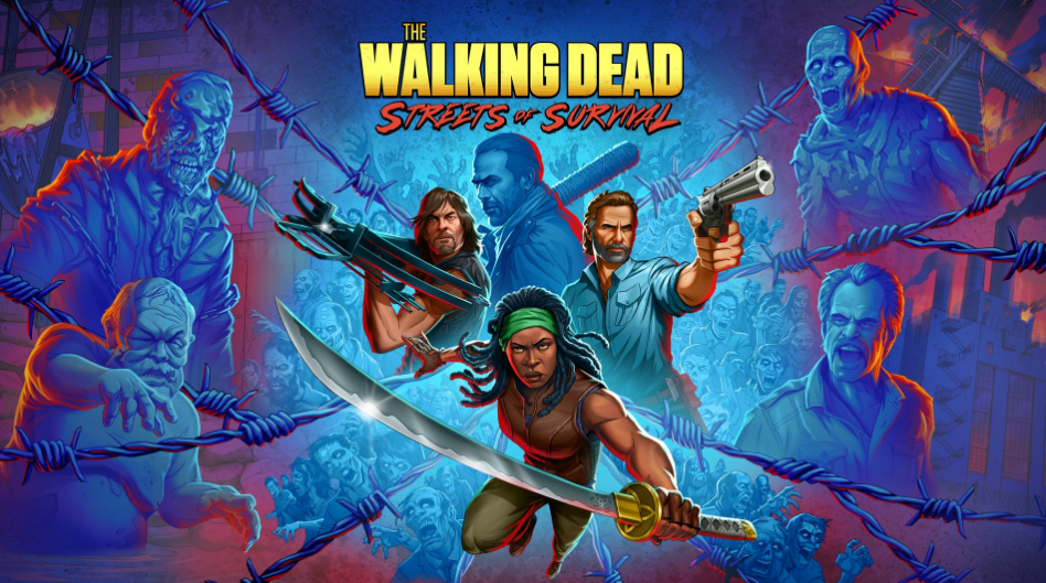 Four playable characters from The Walking Dead: Streets of Survival in combat stance