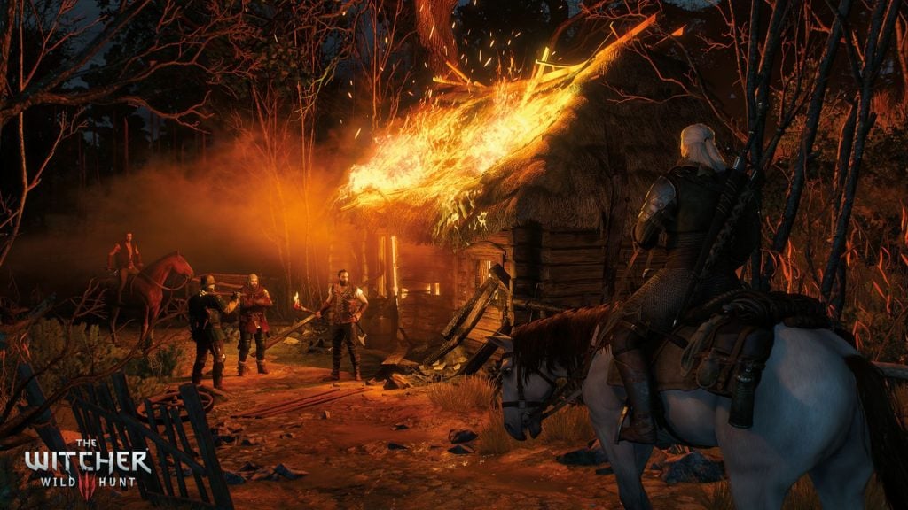 geralt approaching burning house in the witcher 3