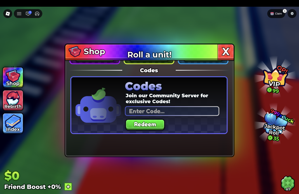 Anime Dice Codes Redemption Menu