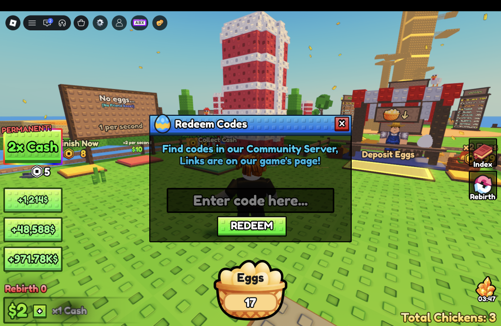 Chicken Farm Codes Redemption Menu