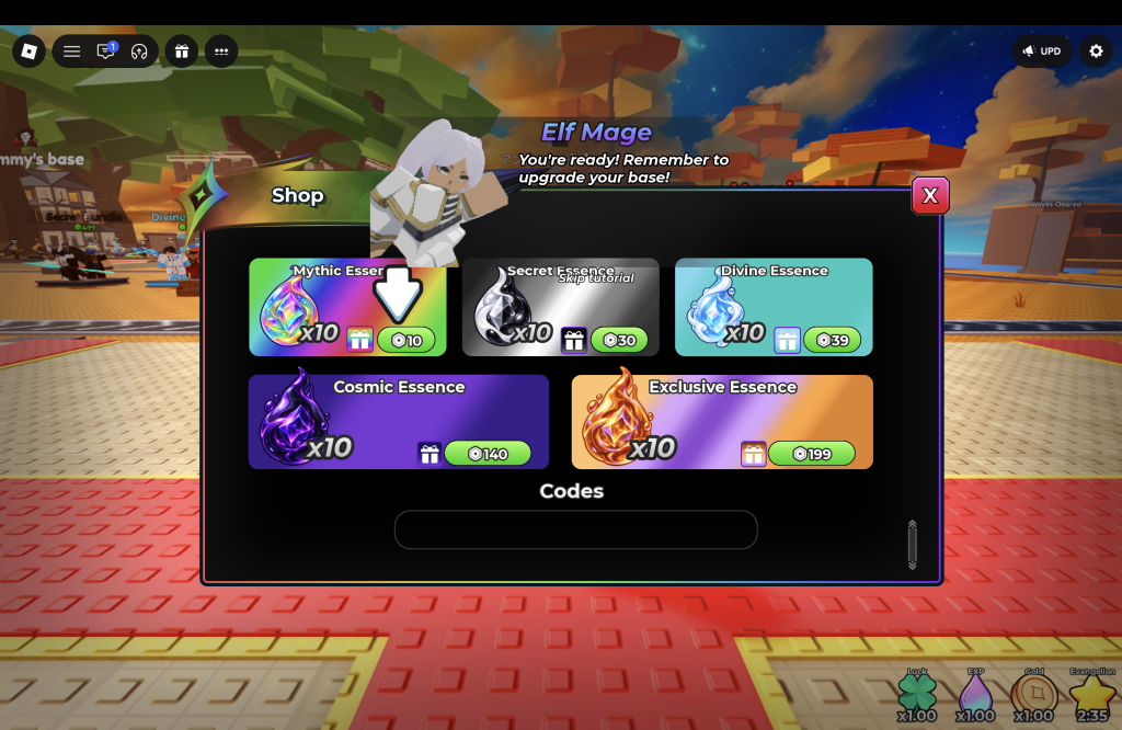 Defeat Anime RNG Codes Redemption Menu