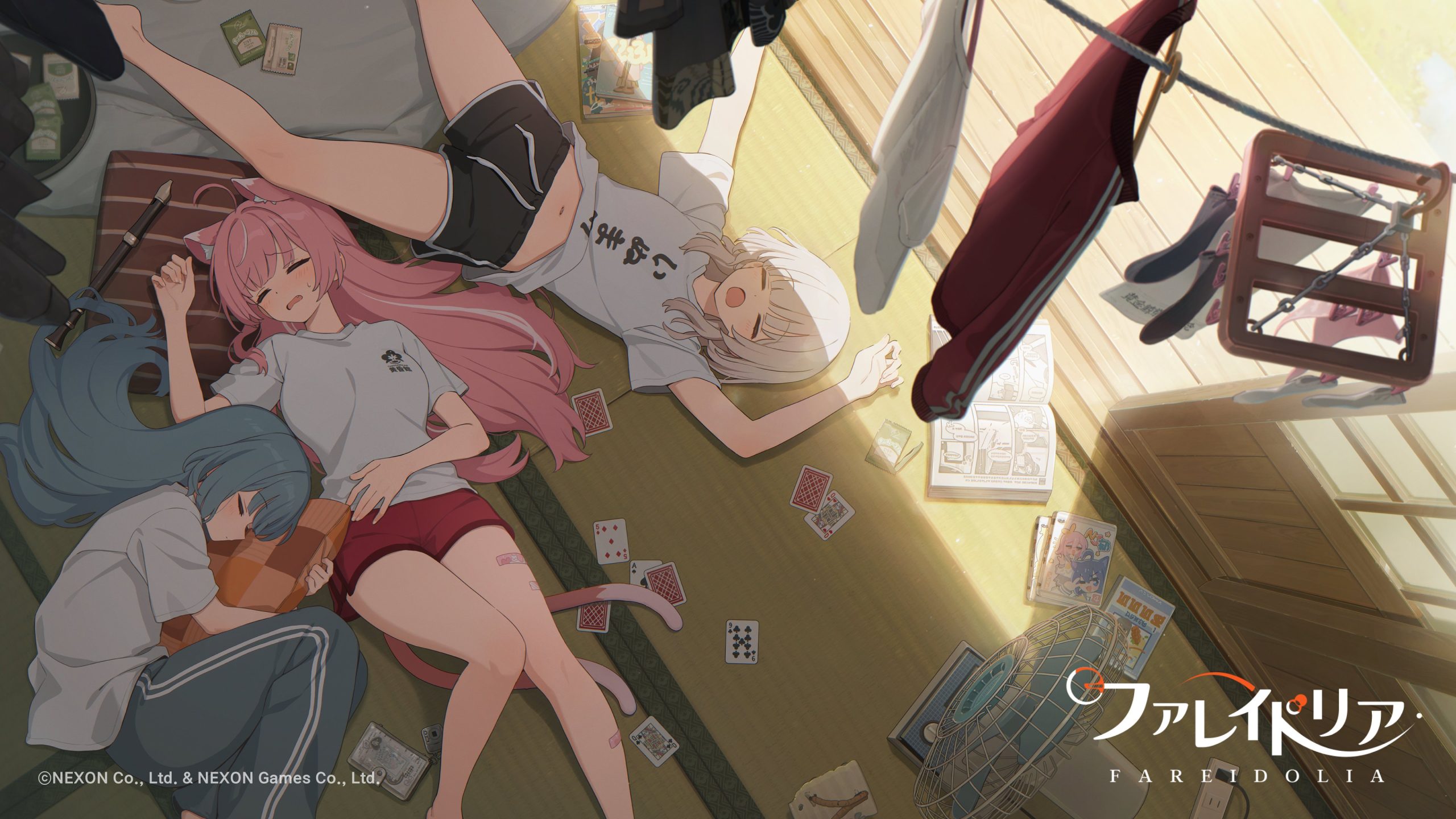 Four anime-style characters from Fareidolia stand in a stylized mansion setting with dynamic lighting effects