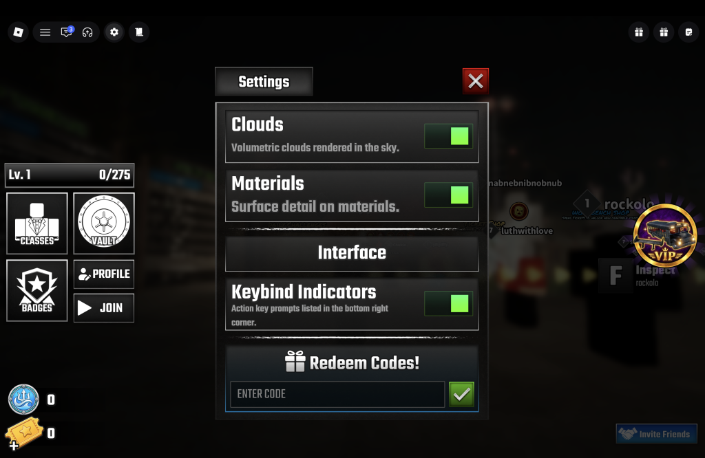 Last Stop Codes Redemption Menu