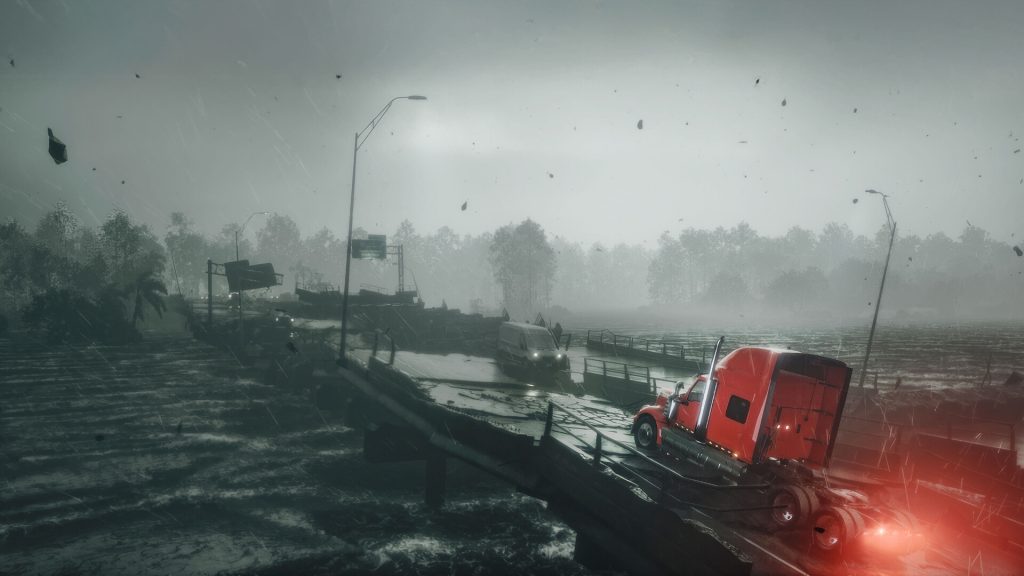 a truck driving over a destroyed bridge in Road Kings