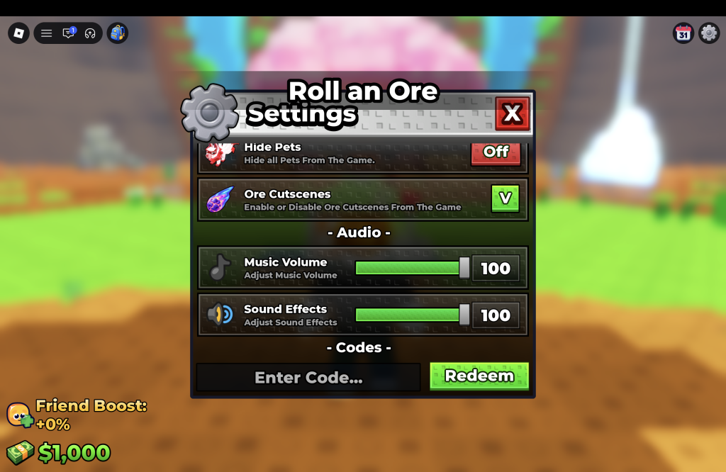 Sell Ores Codes Redemption Menu