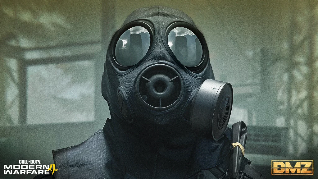 A close-up shot of a character in a gas mask