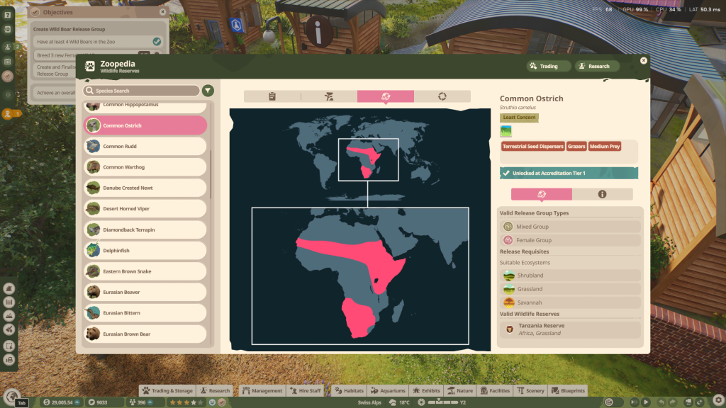 A Zoopedia page for the Common Ostrich in Planet Zoo 2